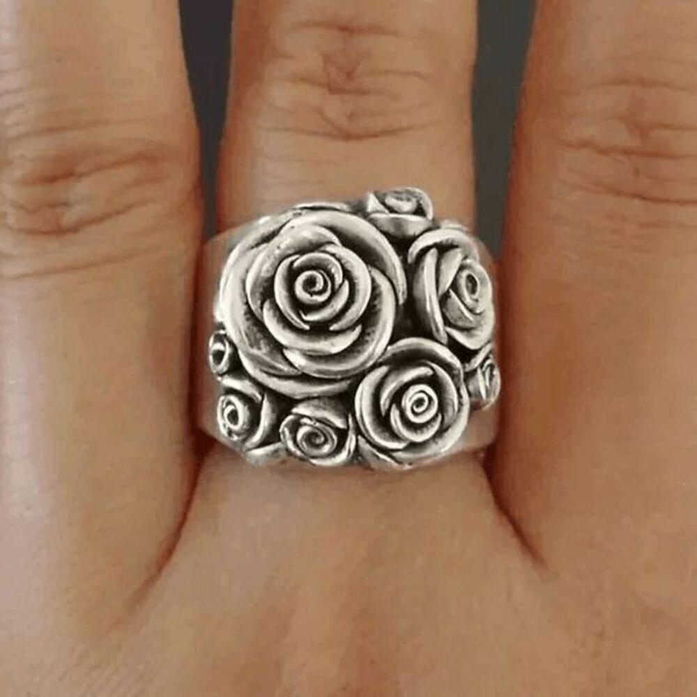 Boho Stainless 3D Steel Rose Flower Wide Band Ring